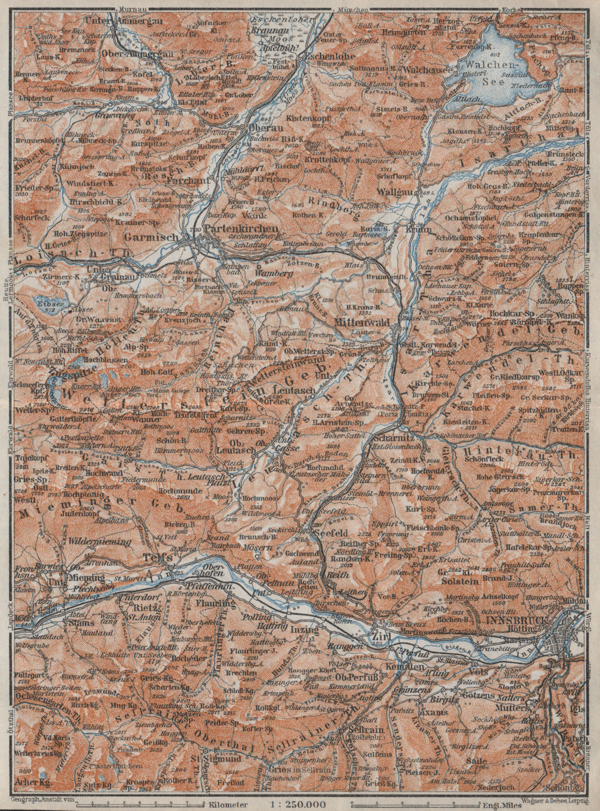 WETTERSTEIN Garmisch-Partenkirchen Innsbruck Inntal Mittenwald Oberau 1923 map